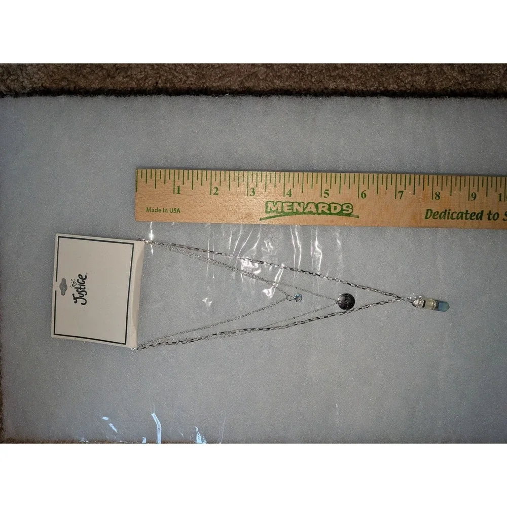Justice Girls Silver Layered Necklace Strong Charm Crystal Pendant NWT